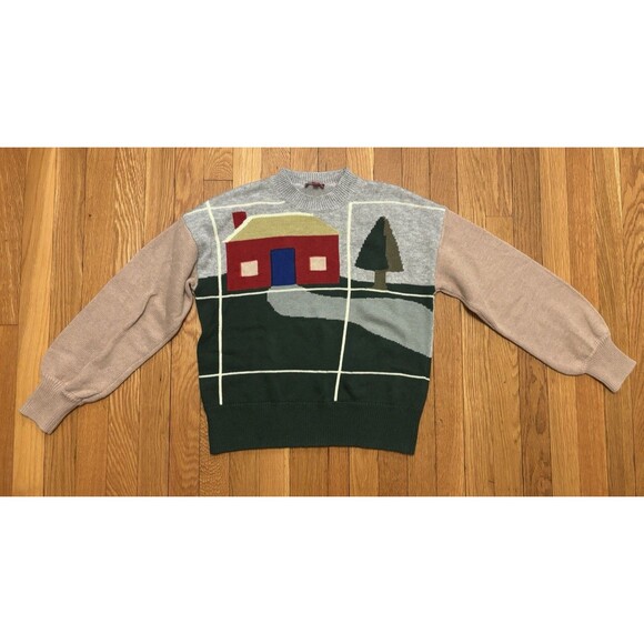 STAUD Cabin Intarsia Sweater Wool Blend Forest Window Tree Outdoors Knit Crew S - Picture 1 of 8